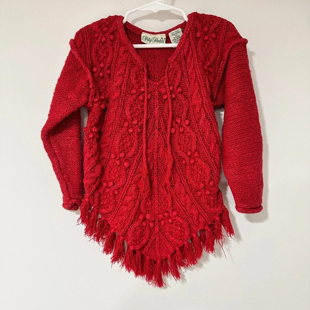 Polly Flinders Sweater Girls S/4 Red Ramie Cotton Cable Knit Fringe Boho Vintage